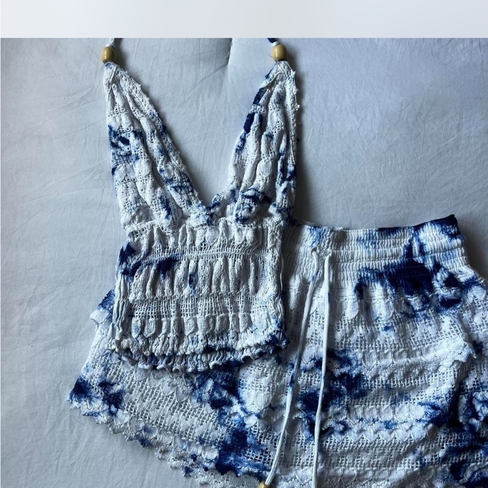 Blue and White Crochet Top and Shorts Set